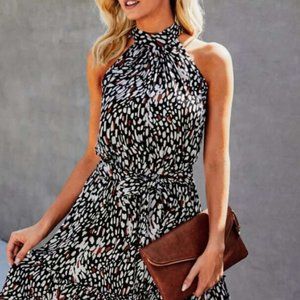 Vernier Leopard Black Sleeveless Halter Neck Short Dress Size L
